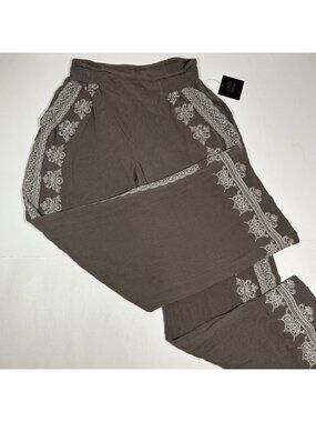 NWT John Mark Taupe French Market Pull On Pants Embroidered Boho Wide Leg Sz S